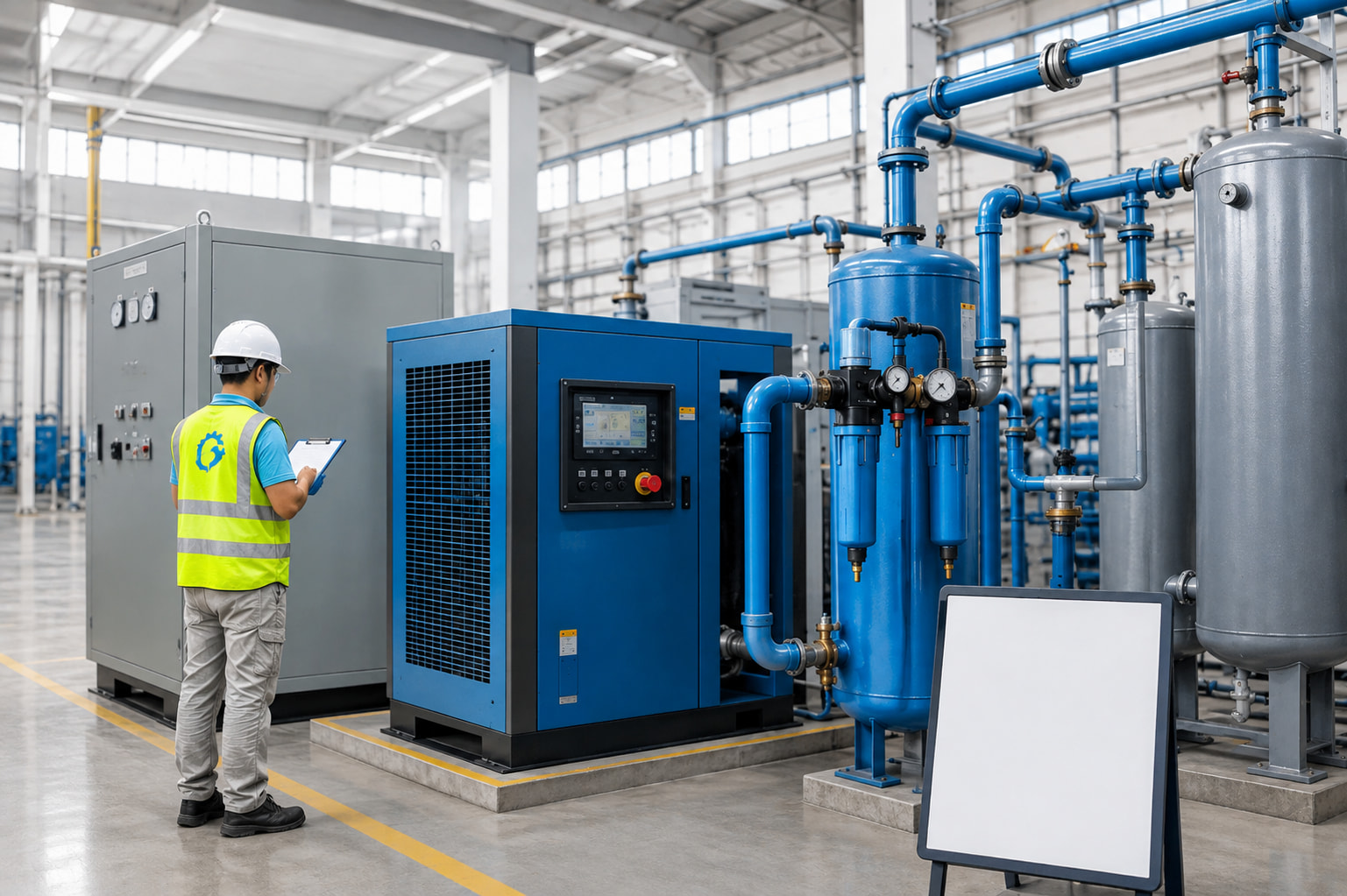 kỹ thuật viên đang kiểm tra thông số bảo hành máy nén khí
