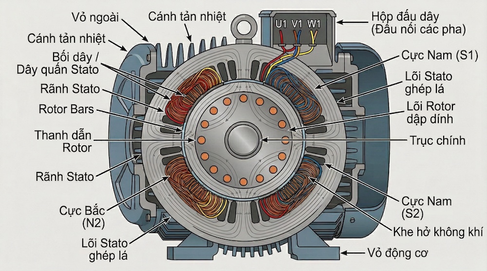 Hình ảnh cắt lớp cấu tạo bên trong motor điện 4 cực, hiển thị rõ cuộn dây và stator