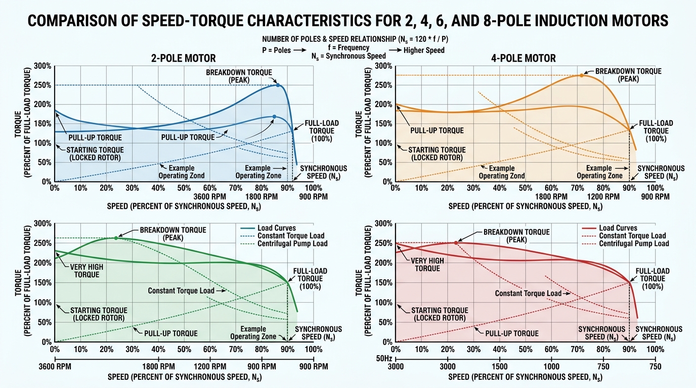 Sơ đồ so sánh biểu đồ tốc độ và mômen xoắn của các loại motor 2, 4, 6, 8 cực